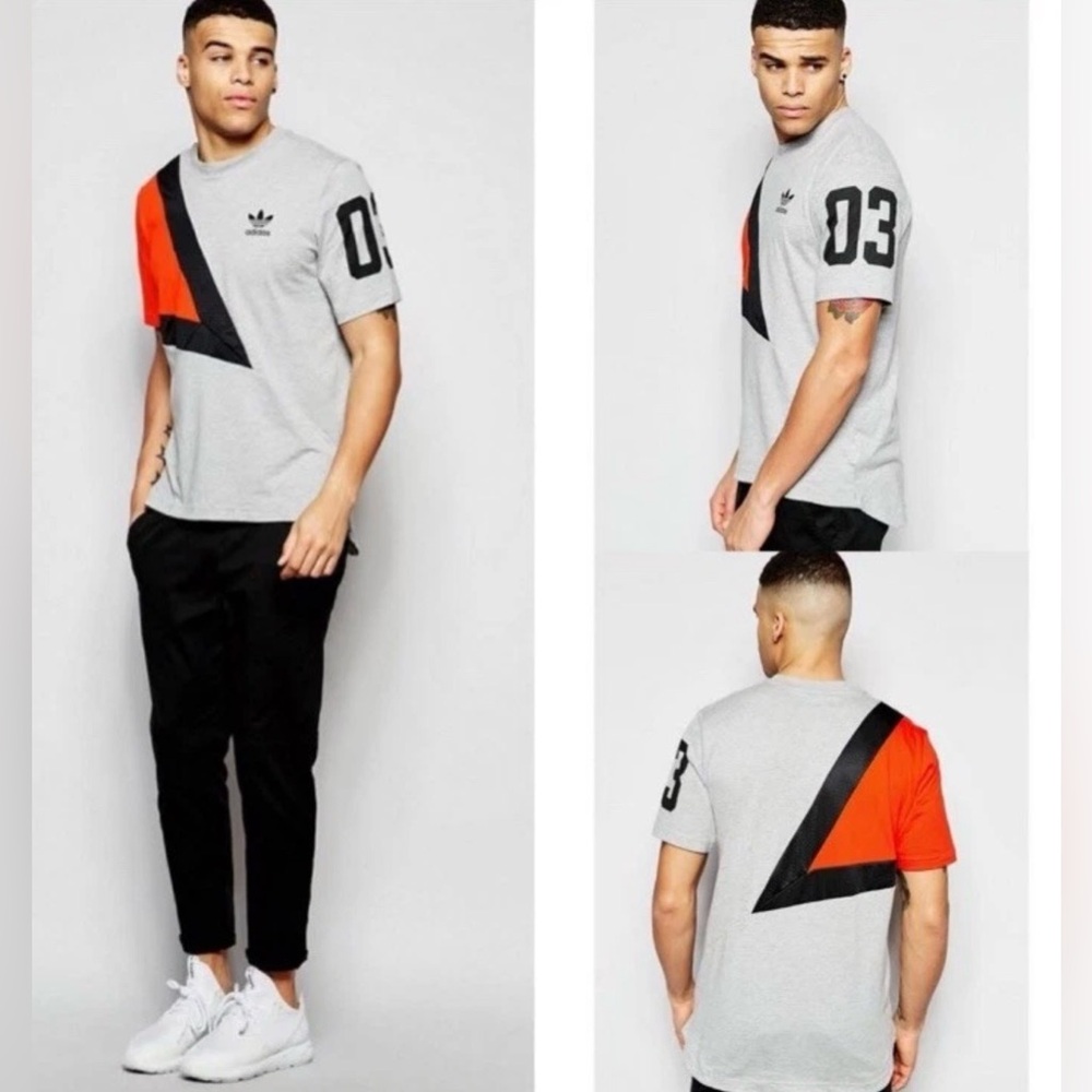 Adidas Gray Short Sleeve Tee with Black & Orange Graphic Size L